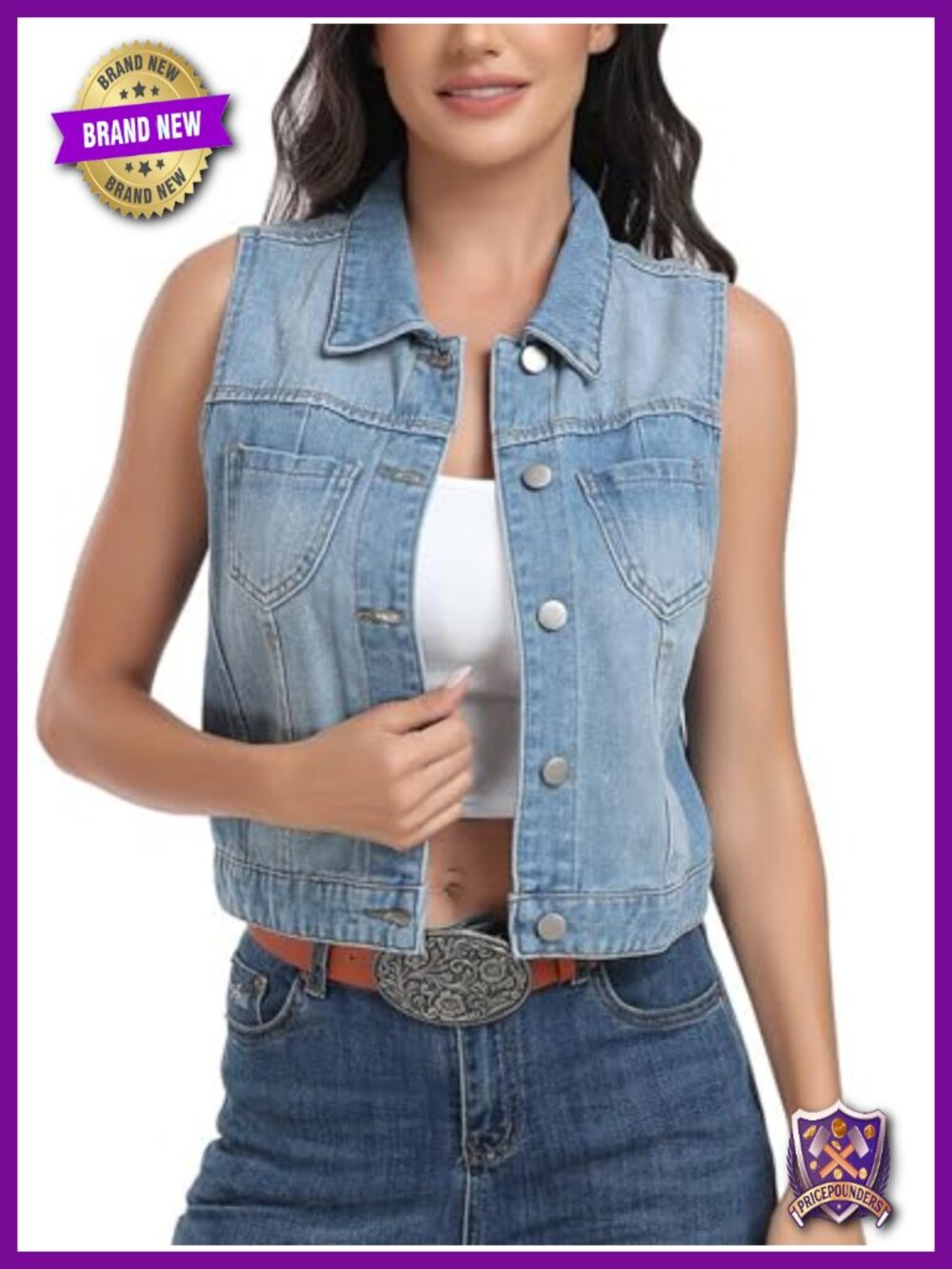 Women's Denim Vest Sleeveless Classic Cropped Distressed Spread Collar Button